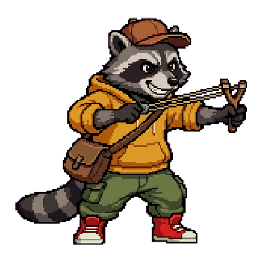 Flow, Waschbär — Rollinbit-Charakter (Pixel Art)