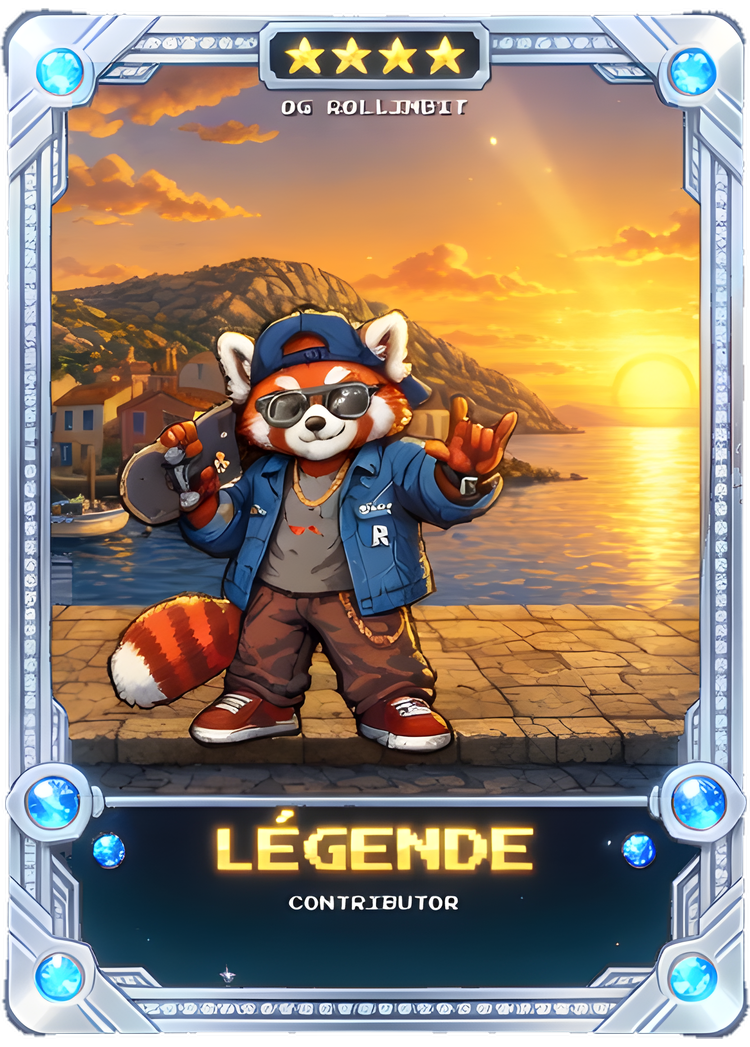 Carte OG Rollinbit Légende platine, quatre étoiles — Roly au coucher de soleil, sous-titre CONTRIBUTOR