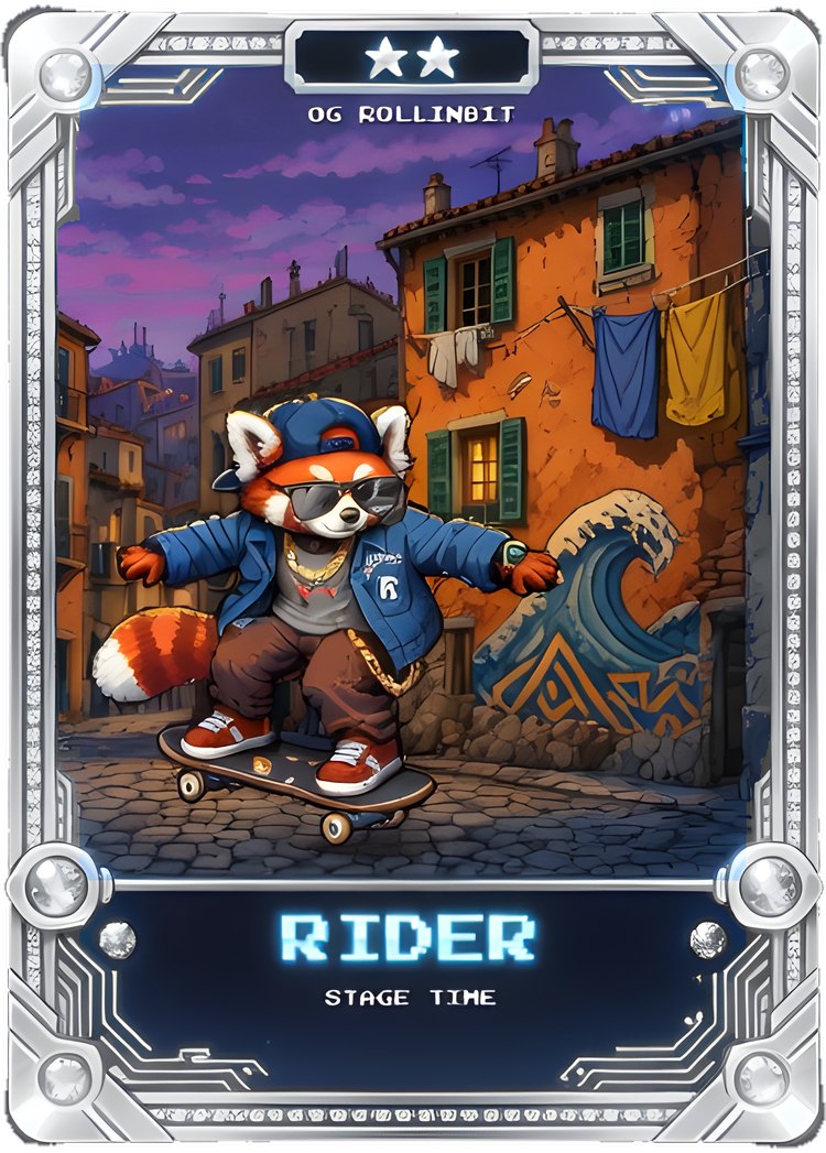 Carte OG Rollinbit Rider argent, deux étoiles — Roly en skate dans le Panier, sous-titre STAGE TIME